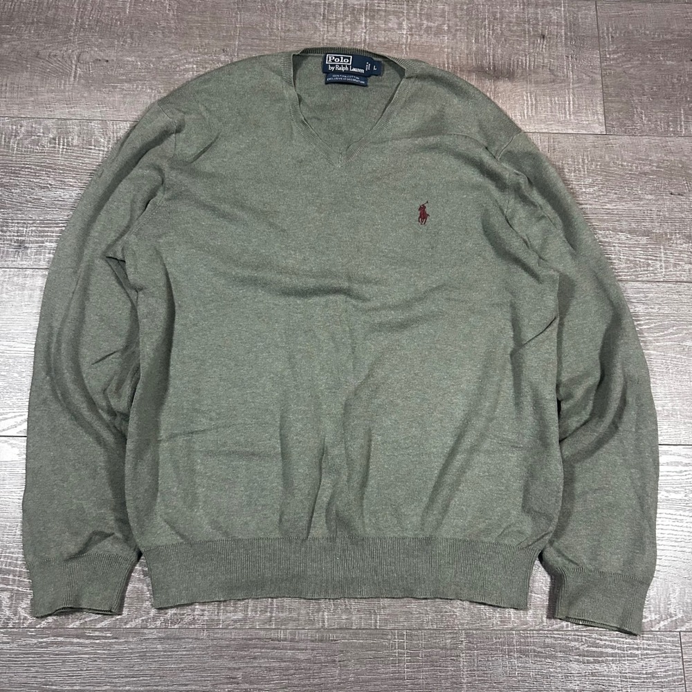 Polo Ralph Lauren Men's V-Neck Sweater Green‎ Pima Cotton Logo Size L